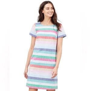 Joules Fifi Dress 10 Striped Multicolour Midi Lined Short Sleeve Button Detail